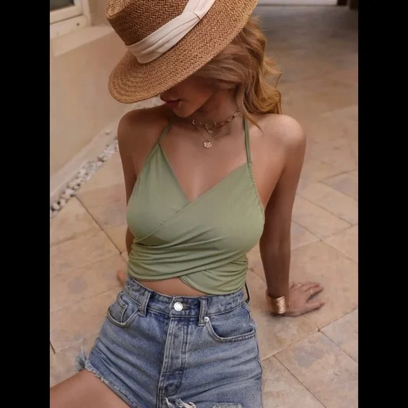 SAGE GREEN SHEIN Cross Wrap Ruched Side Tie Backless Crop Halter Top SMALL 4 NWT - Picture 6 of 7